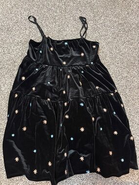 Forever 21 Black Velvet Spaghetti-Strap Dress with Floral Embroidery